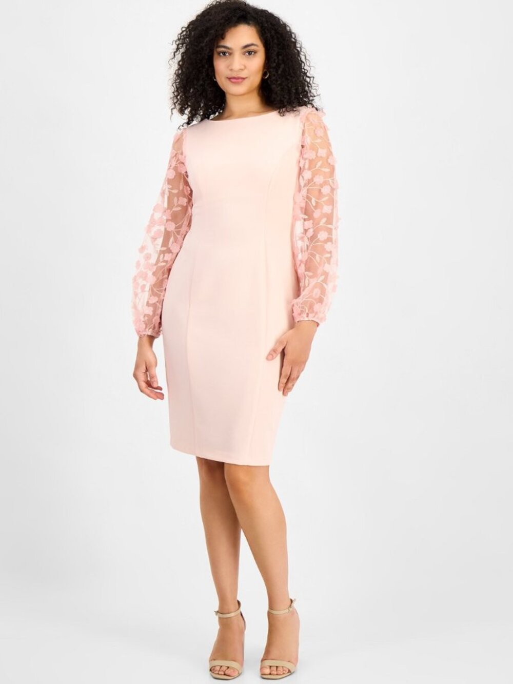 Connected Apparel Dusty Rose Crepe Dress With Sheer Floral Sleeves Size 8